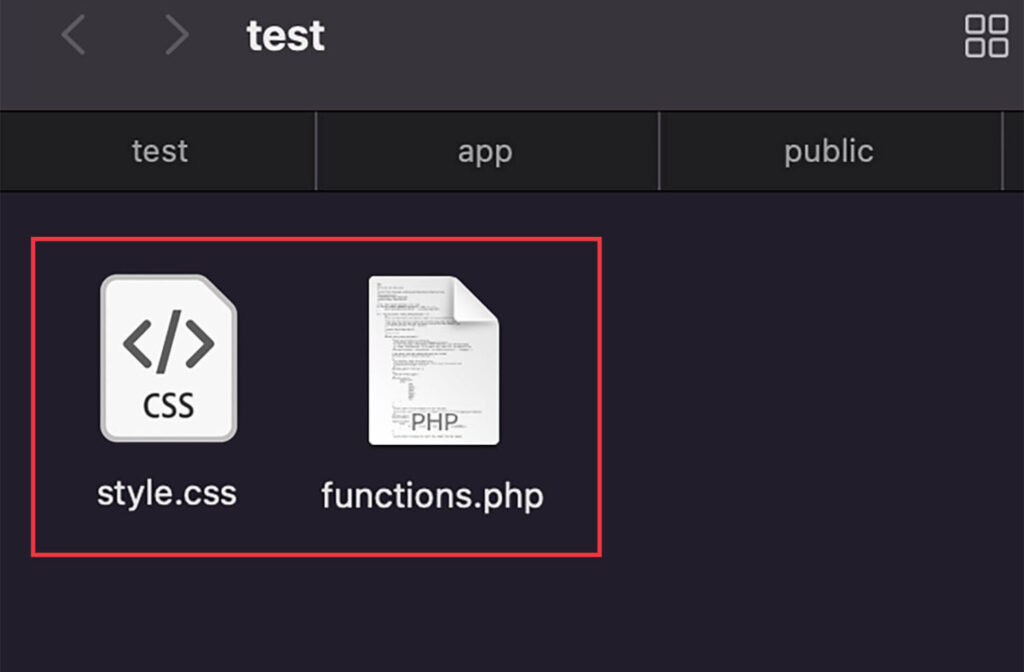 子テーマ内に作成した「style.css」「functions.php」の２つのファイル